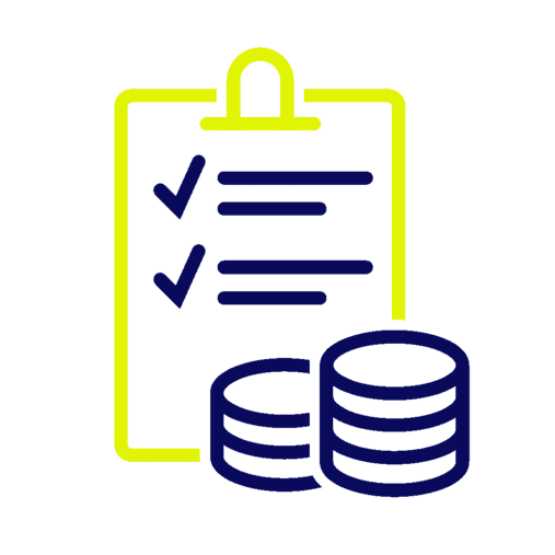 Icon: Checkliste und Münzstapel, symbolisiert Unterstützung bei der Förderung von Klimaanlagen.