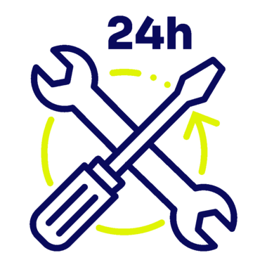 Icon: 24-Stunden-Symbol und Schraubenschlüssel, symbolisiert 24/7 Notfallservice und Wartung.