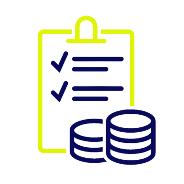 Icon: Checkliste und Münzstapel, symbolisiert Unterstützung bei der Förderung von Klimaanlagen.