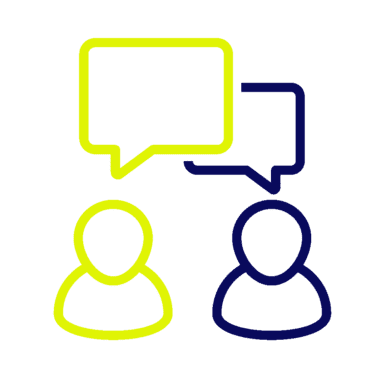 Icon: Zwei Sprechblasen mit zwei Personen, symbolisiert kostenlose Beratung und Angebote.