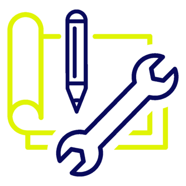 Icon: Papier, Bleistift und Schraubenschlüssel, symbolisiert Planung und Installation von Klimatechnik.