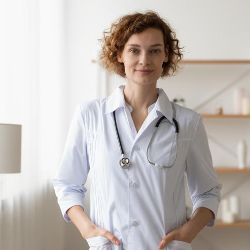 Ärztin mit Stethoskop in weißem Kittel. Repräsentiert Kältetechnik und Klimasysteme für den medizinischen Bereich.