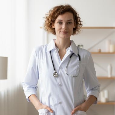 Ärztin mit Stethoskop in weißem Kittel. Repräsentiert Kältetechnik und Klimasysteme für den medizinischen Bereich.